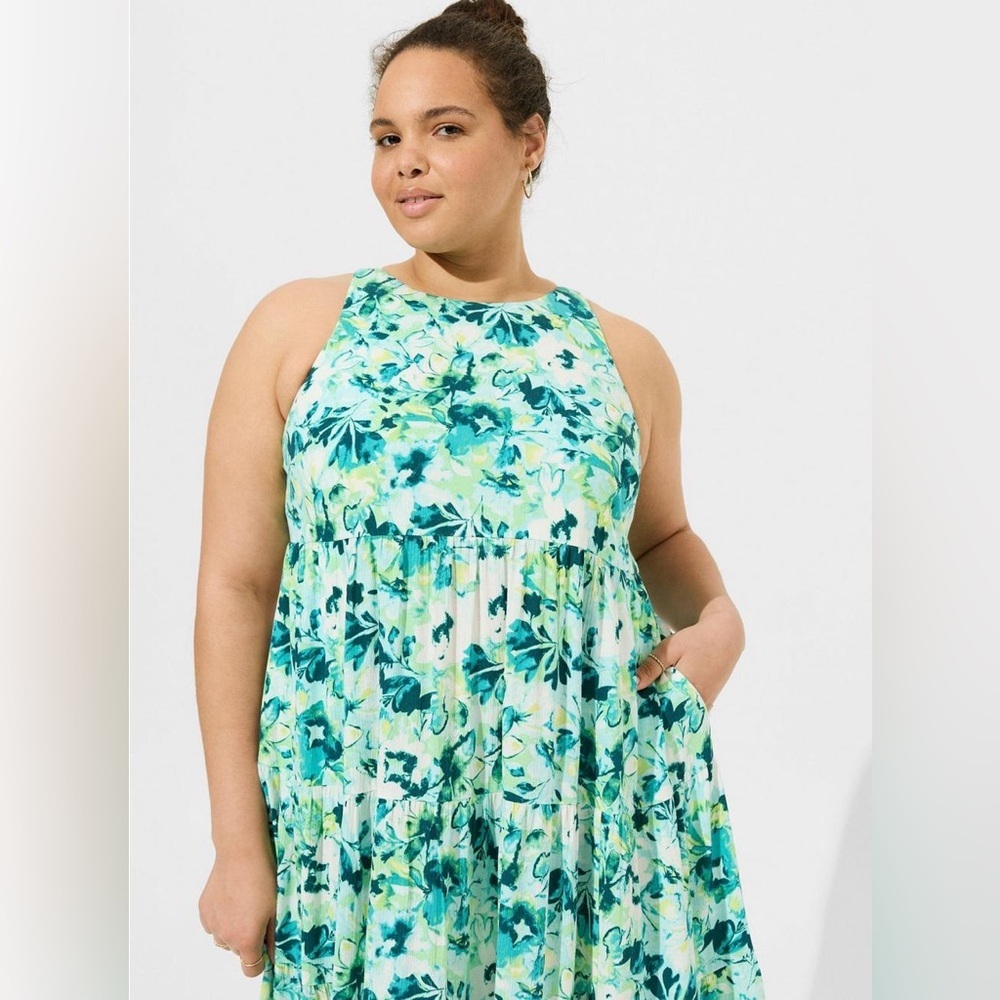 TORRID Maxi Washable Gauze Halter Tiered Dress NWT Watercolor Floral - Picture 2 of 4